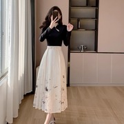 黑色新中式假两件针织连衣裙女2024年春装裙子复古国风马面裙