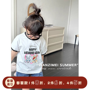 SASA的丸子妹女童短袖t恤夏季字母印花复古拼色儿童上衣洋气