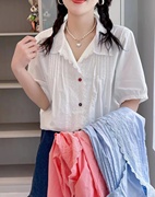 梦箱子2023夏甜美风琴褶纯色衬衣蕾丝翻领短袖宽松棉布衬衫女