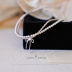 Jasmo原创设计可爱蝴蝶结飘带双层锆石珍珠叠戴项链锁骨链颈链女