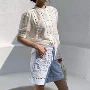 夏季欧货法式白衬衫女短袖气质，名媛风女式衬衣外贸跨境女装纯色
