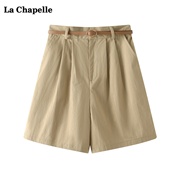 拉夏贝尔/La Chapelle卡其色工装短裤女夏季高腰阔腿裤显瘦五分裤