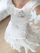 白色刺绣鱼尾连衣裙法式复古无袖背心吊带裙新中式长裙