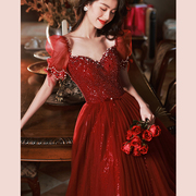 红色晚礼服结婚长款亮片纱裙，高级质感宴会，气质高端新娘敬酒服长裙