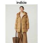 indicia卡其色鸭绒，保暖加厚连帽羽绒服外套冬季时尚标记女装