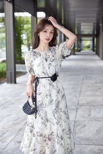 韩国ulzzang夏季法式气质时尚圆领高腰复古水墨印花连衣裙女