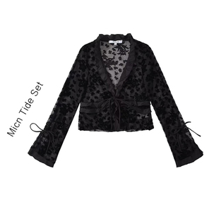 法式小众黑色丝绒印花透视镂空性感蕾丝开衫，吊带夏季半裙套装