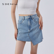 zdenim2024春夏蓝色不规则毛边高腰休闲牛仔，短裙包臀半身裙