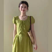 法式复古短袖连衣裙女夏收腰小个子显瘦中长裙子绿色棉质度假