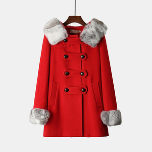 品质好货 女装秋冬红色连帽保暖甜美百搭双排扣羊毛呢子外套大衣