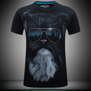 夏天大码男装3D套头短袖时尚都市男式个性T恤眼镜猫动物印花