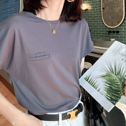 冰丝罗马夏季女士t恤口袋上衣短袖宽松半袖2023灰色纯色体恤