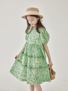 女童夏季日系绿色碎花连衣裙儿童泡泡袖木耳花边复古公主裙