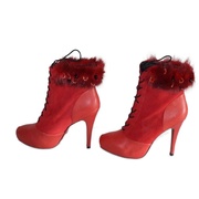 红色头层牛皮女靴，高跟绑带中筒水貂毛，装饰真皮中筒靴22782125