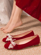 新中式婚鞋冬季加绒平底舒适孕妇新娘结婚婚宴敬酒妈妈喜婆婆红鞋