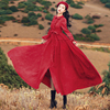 秋冬女装云南大理洱海旅游民族，风红色灯芯绒连衣裙，收腰大摆裙长裙