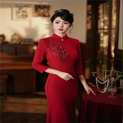 中式旗袍礼服新娘红色敬酒服长袖高级感绣花改良鱼尾裙高档连衣裙