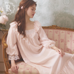 rosetree宫廷风睡裙女春秋季长袖长款纯棉，蕾丝碎花少女公主风睡衣