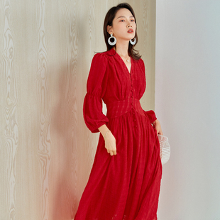 大红色连衣裙女春夏中长款高腰V领气质修身显瘦泡泡袖法式雪纺裙