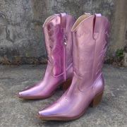 刺绣雕花尖头粗跟侧拉链粉色中筒靴出口外贸欧美单时尚牛仔靴女靴