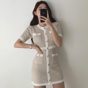 韩国chic夏季女装复古小众圆领，撞色设计感修身包臀裙针织连衣裙女