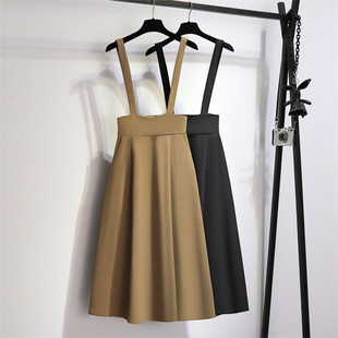 设计感背带裙女中长款西装，裙夏季显瘦高腰a字伞裙垂感黑色半身裙