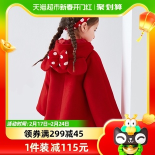 迪士尼女童可爱毛呢大衣秋冬装儿童红色外套新年装拜年服童装