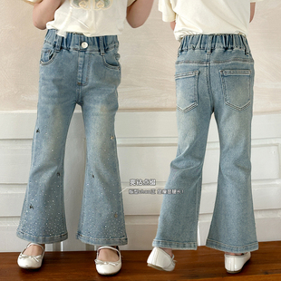 设计感烫钻牛仔裤女童2024夏季儿童，宽松牛筋腰直筒宽松喇叭裤
