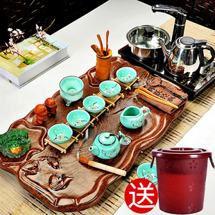 辉跃茶具紫砂功夫茶具套装，整套陶瓷家用电热磁，炉科技木茶盘茶台