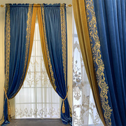 欧式美式复古挑高深蓝色绣花绒布法式别墅高窗定制客厅卧室窗帘