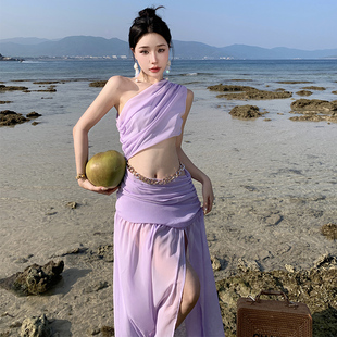 纯欲性感紫色雪纺斜肩漏腰设计连衣裙海边沙滩裙云南出游拍照裙子