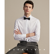 法式小领衬衫男长袖丝光棉，无褶伴郎婚礼商务，修身纯棉袖扣礼服衬衣