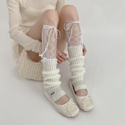 夜间教习室绑带袜子女夏天蕾丝，花边针织袜套白色jk拼接过膝堆堆袜