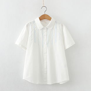 夏季小清新文艺纯棉，立领花边衬衫女学生，白色短袖刺绣衬衣上衣