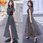 雪纺连衣裙女夏季韩版中长款显瘦飞飞，袖波点荷叶边短袖两件套裙子