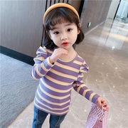 女童长袖条纹t恤2023春秋，韩版儿童洋气泡泡，袖上衣宝宝打底衫