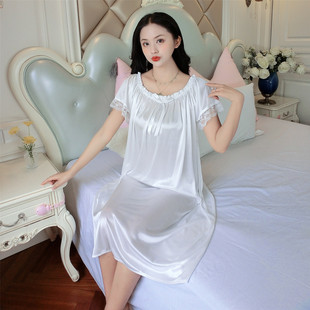 夏季短袖女士白色，加肥特大码性感冰丝，中长款雪纺镂空睡裙200斤5xl