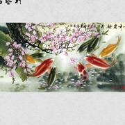 中国画工笔花鸟荷花九鱼图年年有余字画无框客厅装饰挂画宣纸画芯