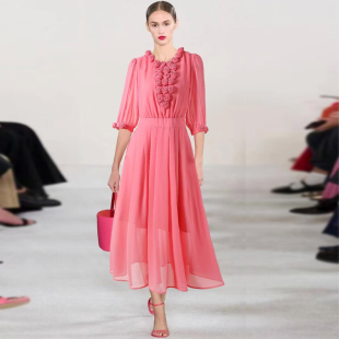 优雅时尚2024年春夏季高端设计感花朵长裙粉红色雪纺连衣裙女