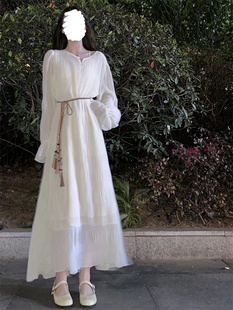长袖连衣裙女秋季波西米亚气质白月光(白月光)仙女裙，裙肌理感淑女长裙