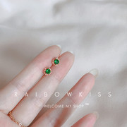 韩版简约925纯银耳环，玫瑰金祖母绿锆石，水晶耳钉宝石镀金学生礼物