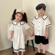 儿童夏季短袖短裤套装海军风男女童纯棉白色衬衣连衣裙姐弟兄妹装