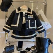 巴拉巴柆女童气质小香风亮线编制加厚外套短裙两件套2023冬装保暖