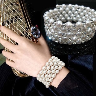 手腕遮疤饰品韩版网红时尚多层珍珠镶钻缠绕手链宽手镯女弹力手环
