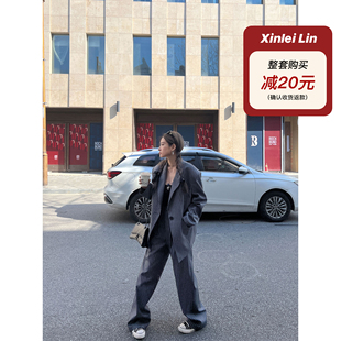 Xinlei Lin 欧美博主同款 街头起范儿灰色条纹廓形中长款西装套装