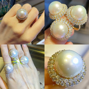 超大天然淡水珍珠戒指大颗粒爱迪生珍珠戒指925银豪镶 母亲节