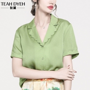 法式木耳荷叶边西装V领短袖绿色真丝衬衫洋气桑蚕丝上衣女22夏季
