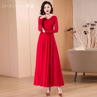 秋季红色连衣裙长款长袖蕾丝，长裙收腰气质大摆裙喜婆婆婚宴装