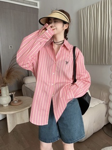 韩国 粉色竖条纹宽松长袖衬衫女韩系休闲百搭蝴蝶结显白衬衣
