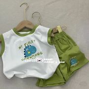 韩版童装男童夏装套装宝宝，时髦绿色短裤儿童宝宝，纯棉无袖背心t恤